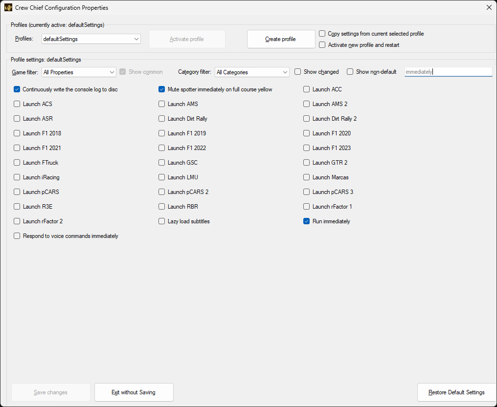 A screenshot of the Crew Chief settings highlighting how to start immediately